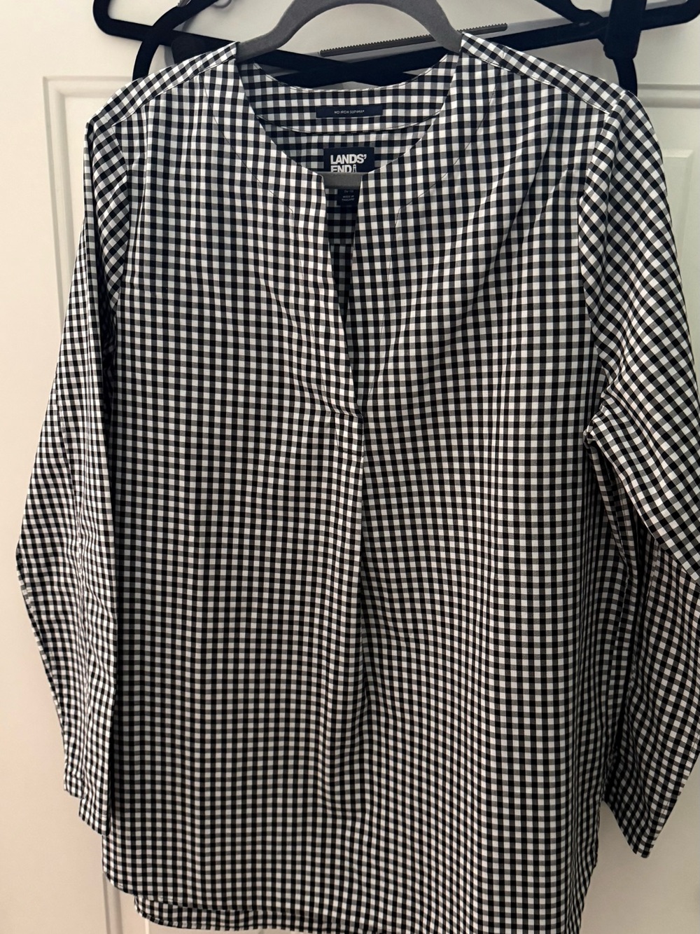 Lands' End Black & White Gingham Women's Popover Top-No Iron - -Supima Cotton